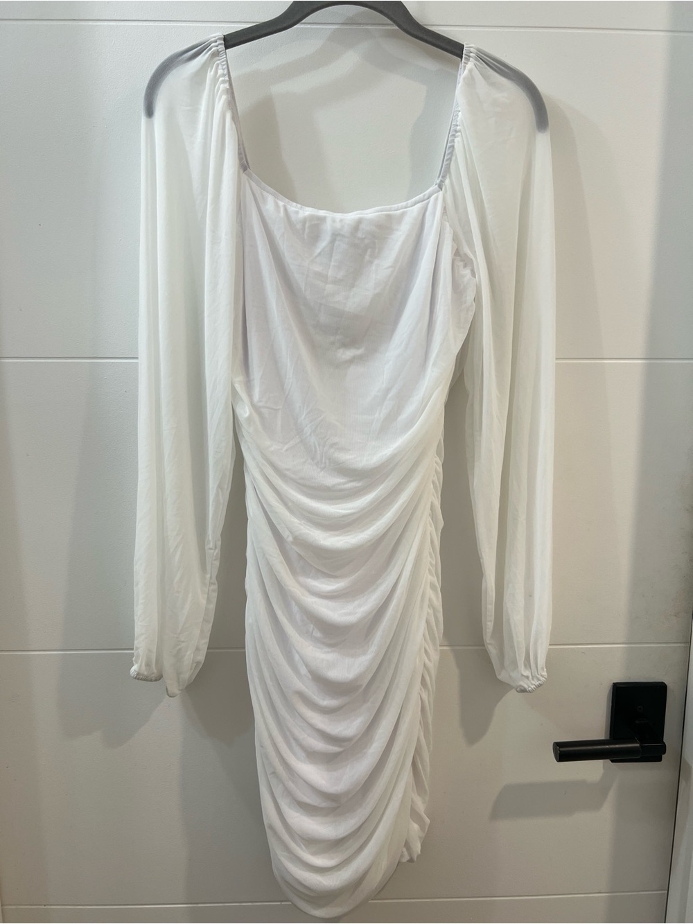 White Long-Sleeve Ruched Bodycon Dress